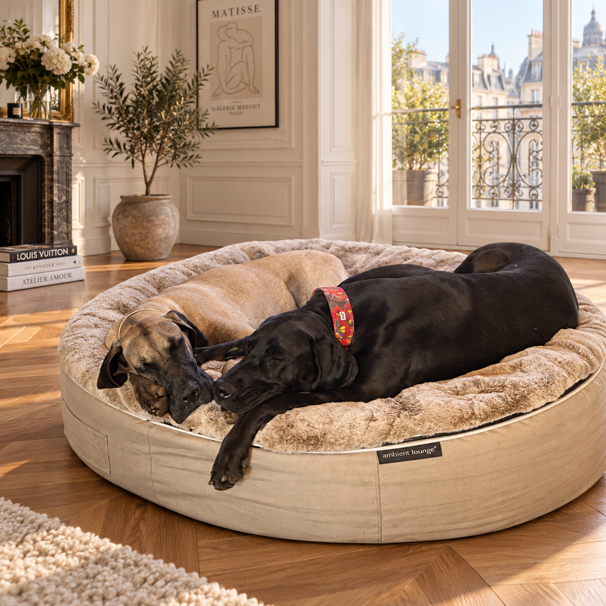 Two Great Danes resting together on a Cappuccino Rebound Foam dog bed
