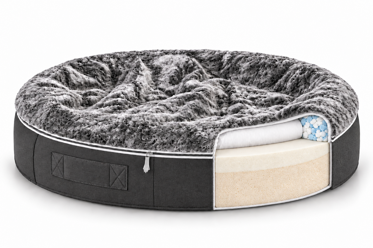 Cutaway showing the surround pillow and two foam layers inside a Rebound Foam dog bed